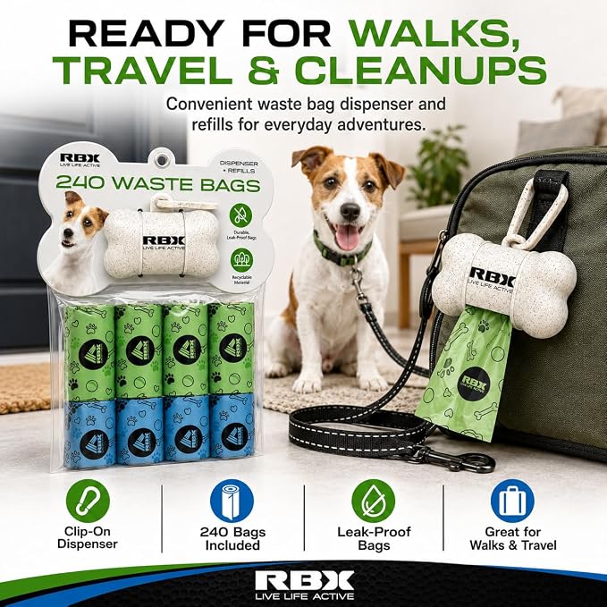 RBX Dog Poop Bags Rolls with Holder for Leash, 240 Poop Bags for Dogs with Clip-On Dispenser, Durable Leak-Proof Waste Bags, 16 Refill Rolls, Recyclable Material