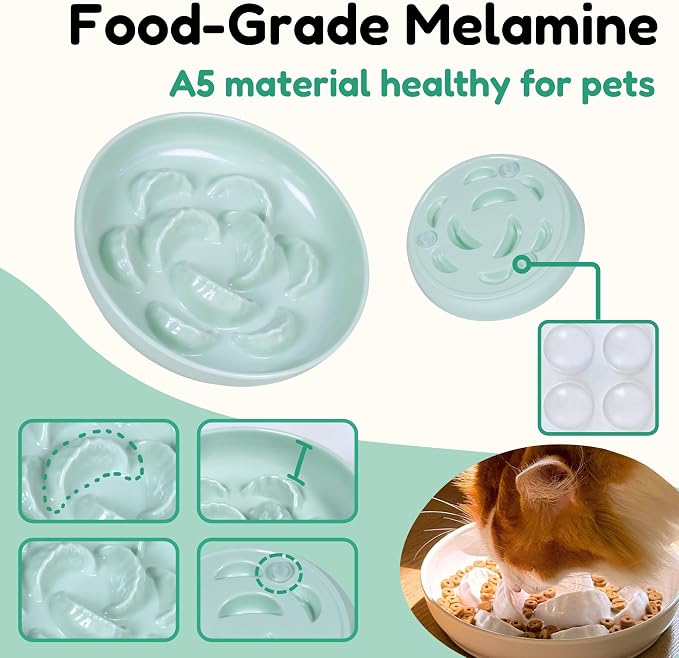 Unbreakable Slow Feeder Bowl for Cats and Small Dogs- Cat Plates for Wet & Dry Food- Melamine Puzzle Cat Bowl for Slow Eating- Whisker Friendly & Dishwasher Safe & Non Slip Design -(Green,6.3'W*1.5H')