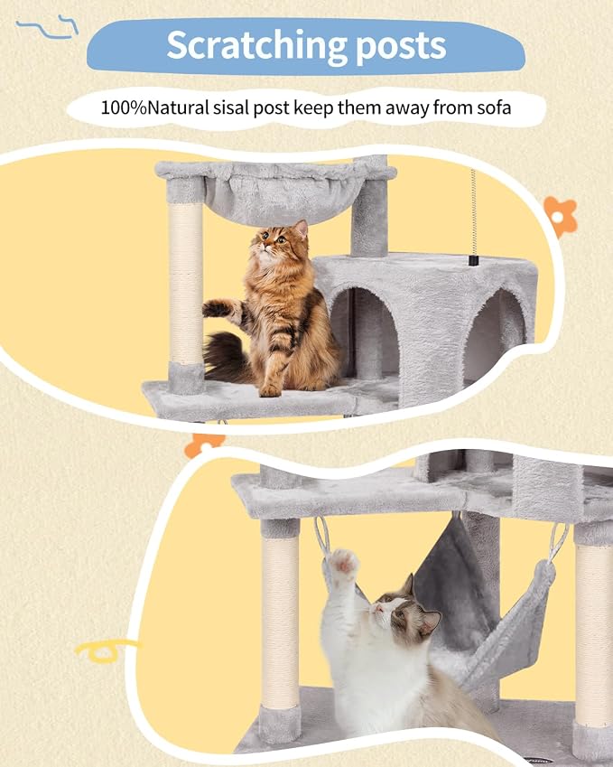 KIYUMI Cat Tree Cat Tower Condo with Sisal Scratching Post for Indoor Cats Tree Furniture with Hammock Perch and Kitten Ball Toys, Multi-Level Pet Activity Center (Grey)