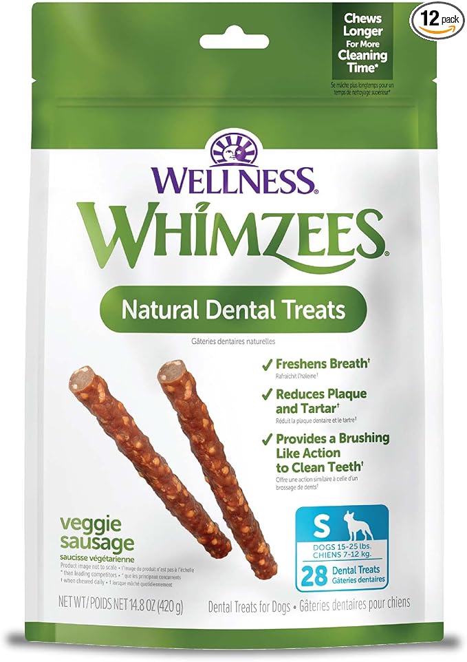 Whimzees Wellness Veggie Sausage Natural Dog Dental Treat, Chews, Freshens Breath, Small Size, 14.81 oz Bag, 28 Count