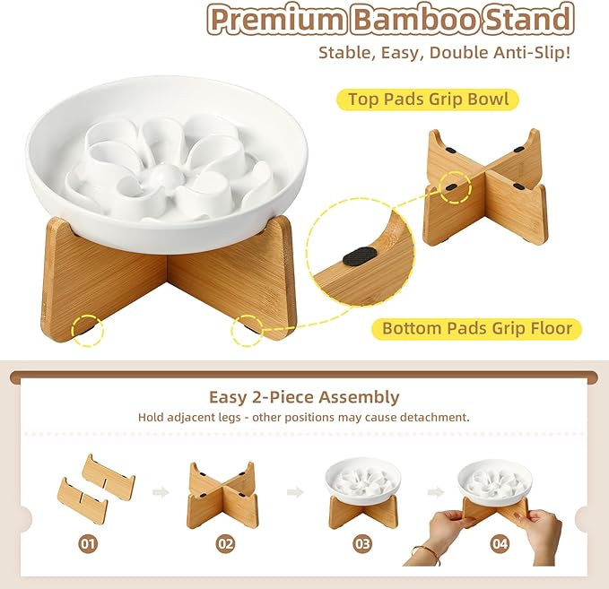 Elevated Slow Feeder Cat Bowl - Melamine Cat Dish with Anti-Slip Bamboo Stand - Whisker Friendly Feeding Bowl - Floral Maze Food Plate for Slow Eating - Blue