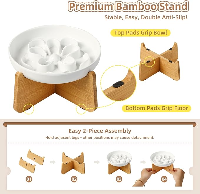 Elevated Slow Feeder Cat Bowl - Melamine Cat Dish with Anti-Slip Bamboo Stand - Whisker Friendly Feeding Bowl - Floral Maze Food Plate for Slow Eating - Pink