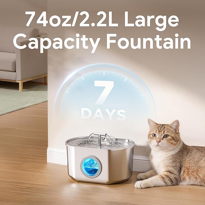 Cat Water Fountain Stainless Steel - Pet Drinking Fountain for Cats Indoor - 2.2L/74oz Automatic Water Dispenser with Watering Level Window (1 Filter)