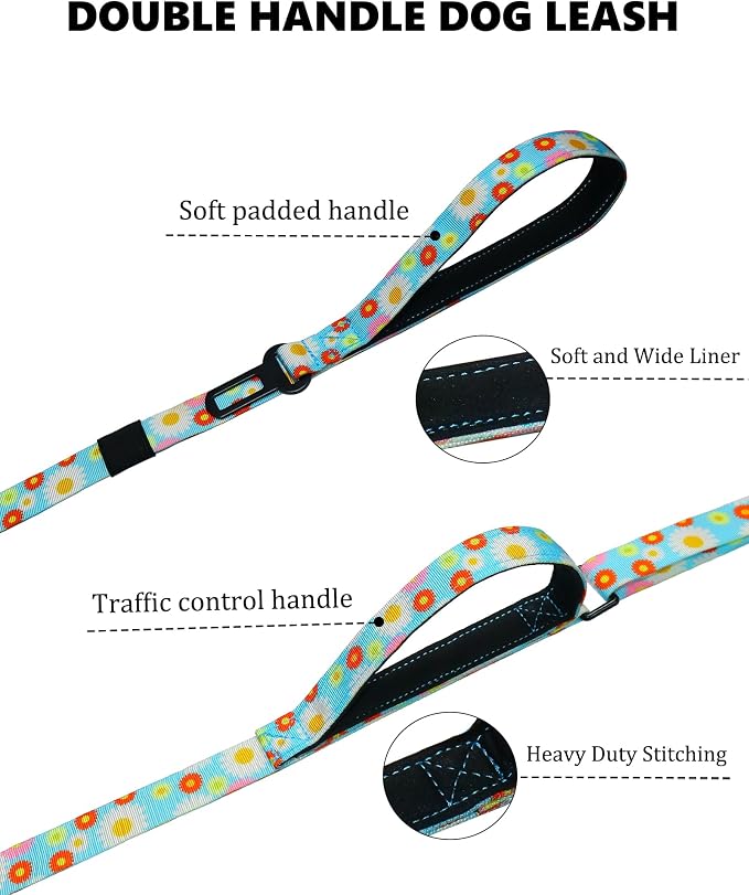 Hotsky Double Handle Dog Leash for Large Medium and Small Breed Dogs that Pull,Adjustable Nylon Heavy Duty Dog Leash with Car Seat Belt for Walking and Training,Daisy,4.5-6 FT