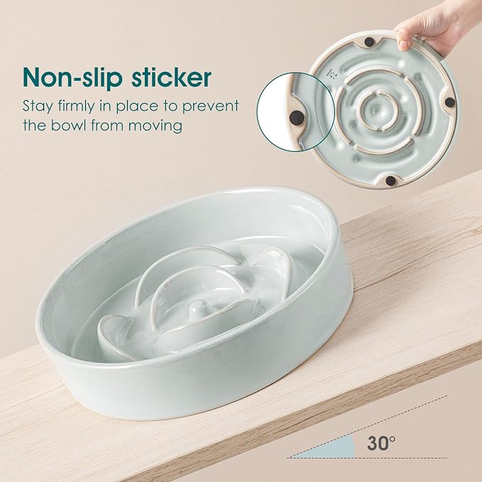 vancasso Slow Feeder Dog Bowl, 1.5 Cups Ceramic Dog Food Dish for Fast Eaters Medium Breed, Puzzle Bowl for Small Dogs and Cats, Grayish Cyan