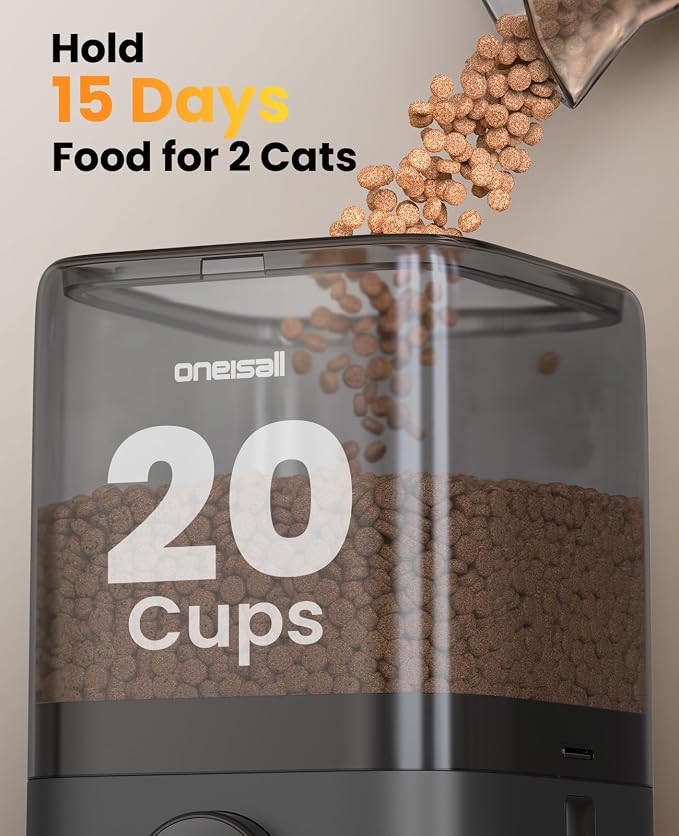oneisall Cordless 2.4Ghz WiFi Automatic Cat Feeder for 2 Cats, Rechargeable 100-Day Battery Operated Auto Cat Feeder, 20 Cups/5L Timed Cats Food Dispenser Automatic for Large Kibble, Smart App Control