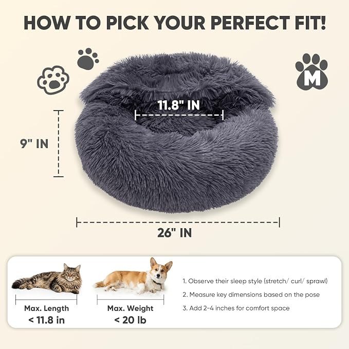 Himax Medium Dog Bed, Round Dogs Beds with Blanket Attached, Comfort Fluffy Calming Dog Bed Washable (20"/26"/35") Deep Grey