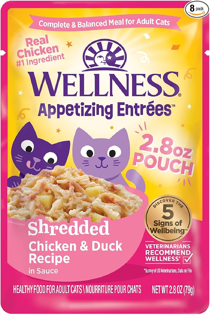 Wellness Appetizing Entrées Shredded Adult Wet Cat Food, Natural, Protein Rich, Grain Free, Chicken and Duck Recipe, 2.8 oz, Pack of 8 Pouches
