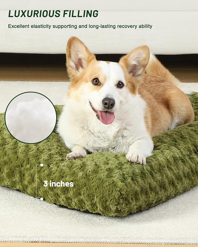 KSIIA Washable Dog Bed Comfy Dog Crate Pad Deluxe Plush Pet Bed Non-Slip Kennel Pad for Medium Dogs, 29" x 21", Green