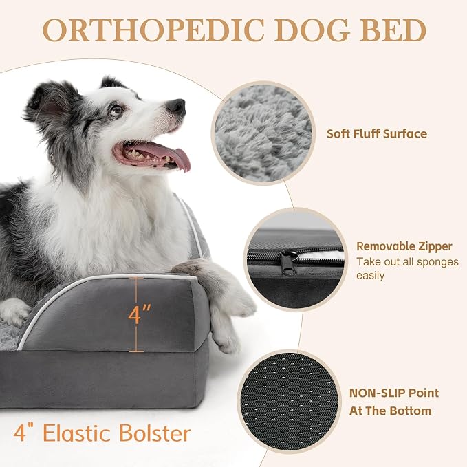 Comfort Expression Orthopedic Dog Bed for Medium Dogs 30x20 Inch, Waterproof Supportive Egg Crate Foam Medium Pet Bed with Removable Bolsters, Dog Couch with Washable Cover & Non-Slip Bottom, Grey