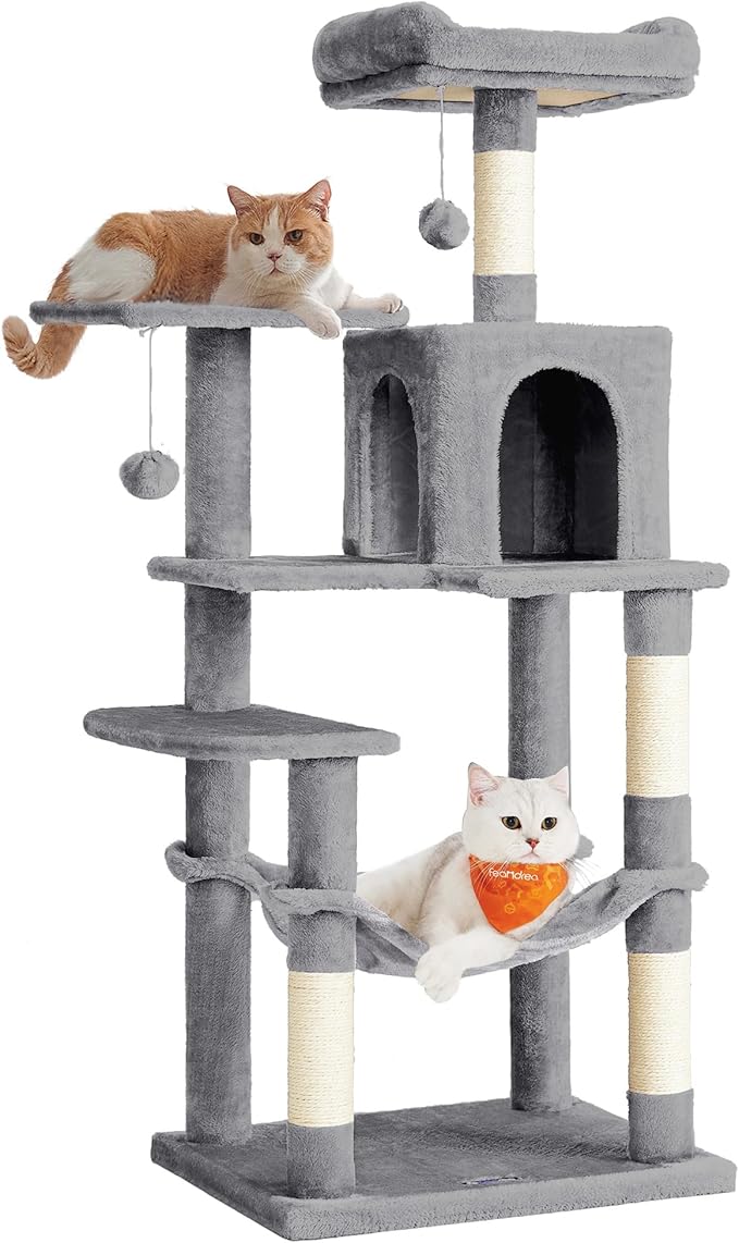 Feandrea Cat Tree, 54.2-Inch Cat Tower, Plush Multi-Level Condo with 4 Scratching Posts, 2 Perches, Hammock, Cave, Light Gray UPCT161W01