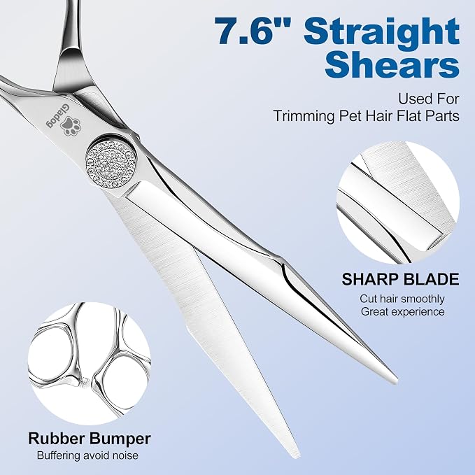 GLADOG Luxury Dog Grooming Scissors Set - 7" Straight, 6.5" Thinning, 7" Curved Dog Shears for Grooming - 9CR Steel, Professional Grooming Kit for Dogs