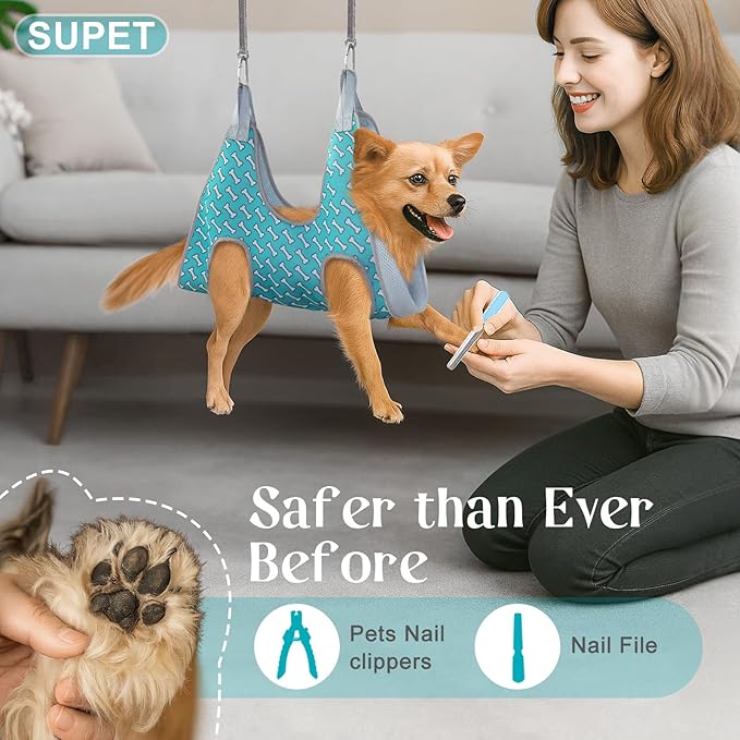 Supet Dog Grooming Hammock Harness for Dogs Cats, Relaxation Pet Nail Clipper Hammock, Restraint Dog & Small Animal Leashes Sling for Groomingk for Nail Trimming (Coral Blue, XS)