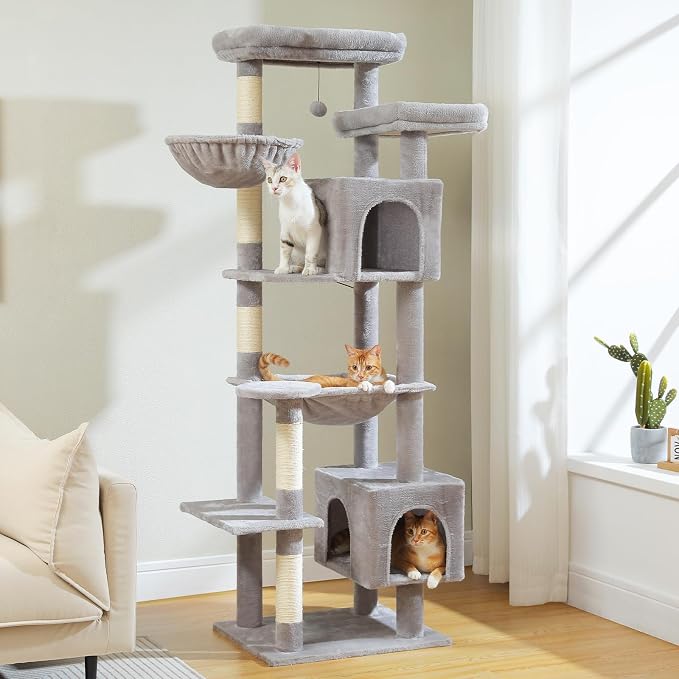 69” Tall Cat Tree for Indoor Cats Large Adult, Multi-Level Cat Tower with Scratching Post, Dual Top Perches, Big Hammock & 2 Spacious Condos, Cat Furniture for Multi-Cat Households, Grey