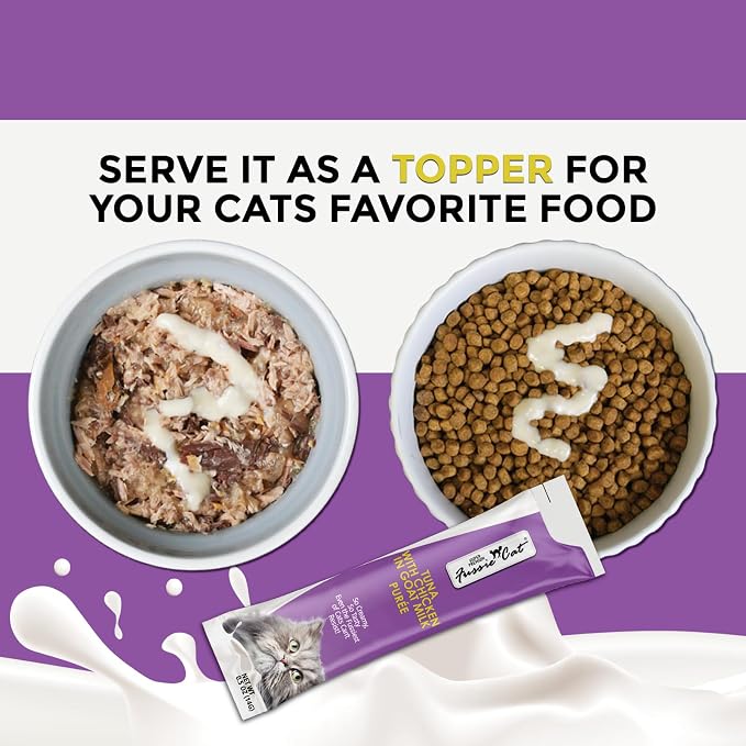 Fussie Cat Premium Tuna with Chicken in Goat Milk Puree, lickable cat Treats, 0.5oz Pouch Pack of 4
