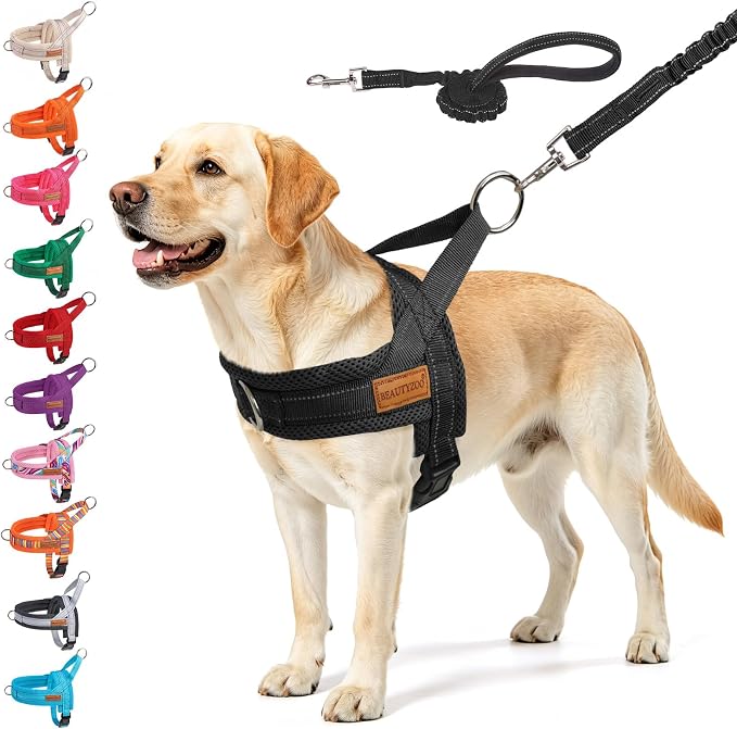BEAUTYZOO Dog Harness for Large Dogs, No Pull Dog Harness and Leash Set, Soft Escape Proof Puppy Vest Harness with Handle, Reflective Lightweight Step in Harness for Girl Boy Dogs, Black L