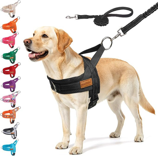 BEAUTYZOO Dog Harness for Large Dogs, No Pull Dog Harness and Leash Set, Soft Escape Proof Puppy Vest Harness with Handle, Reflective Lightweight Step in Harness for Girl Boy Dogs, Black L