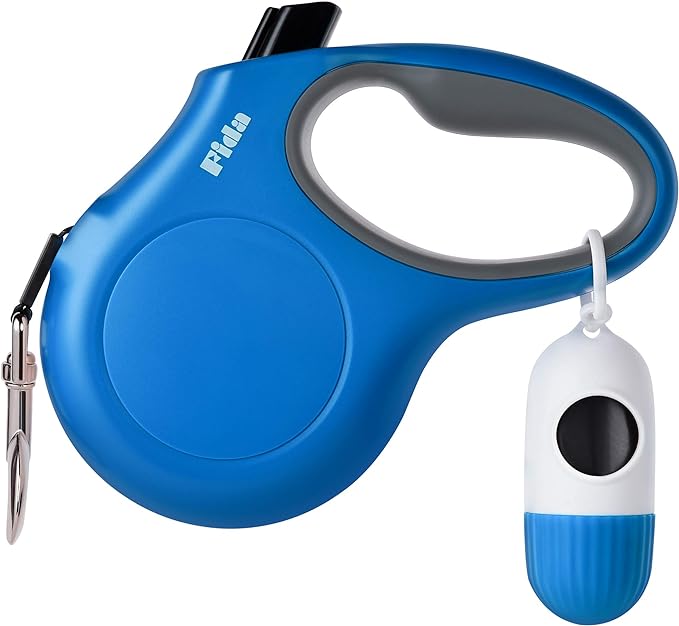 Fida Retractable Dog Leash with Dispenser and Poop Bags, 10 ft Pet Walking Leash for X-Small Dog or Cat up to 18 lbs, Anti-Slip Handle, Tangle Free, Reflective Nylon Tape (XS, Blue)