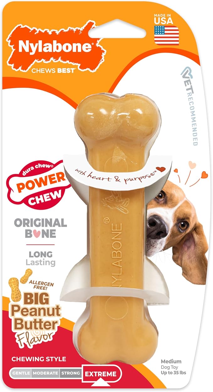 Nylabone Power Chew Classic Bone Chew Toy for Dogs, Durable Dog Toys for Aggressive Chewers, Peanut Butter Flavor, Medium/Wolf - Up to 35 lbs. (1 Count)