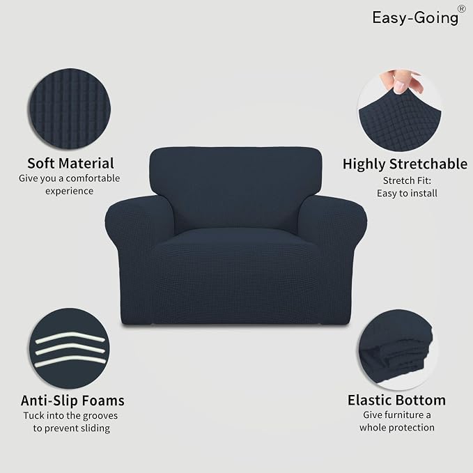 Easy-Going Stretch Oversized Chair Sofa Slipcover 1-Piece Couch Sofa Cover Furniture Protector Soft with Elastic Bottom for Kids Spandex Jacquard Fabric Small Checks Dark Blue