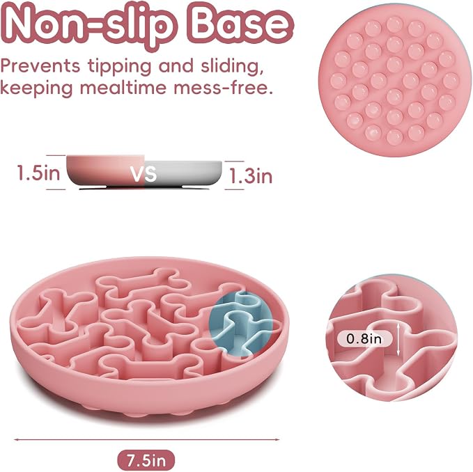 Silicone Slow Feeder Dog Bowl – Pink Bone Pattern | Food-Grade Non-Slip Dog Dish for Anti-Bloat, Fast Eating Prevention, 7.5” x 1.5”, Dishwasher Safe