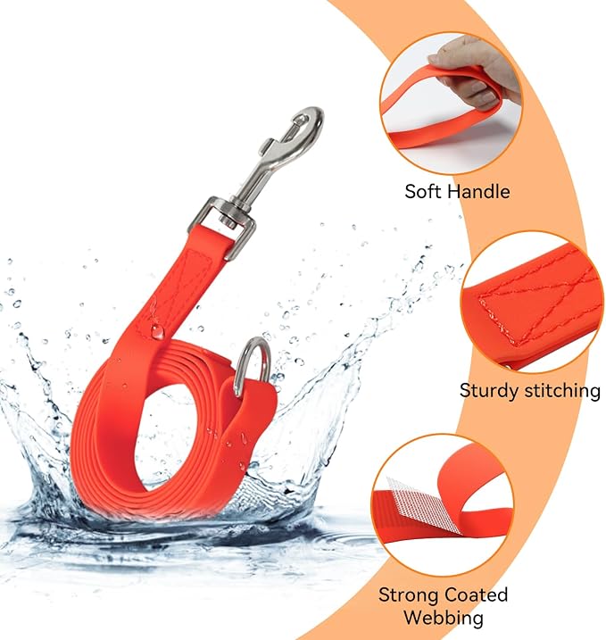 Waterproof Dog Leash, 5/6 FT Durable Odor-Proof Dog Leashes with Strong Metal Hooks Fits Small Medium or Large Dogs (Orange, 6FT - 1 inch Width)