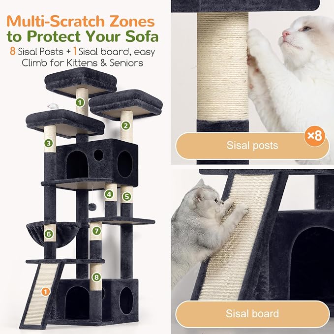 Globlazer Heavy Duty Cat Tree, 73inch Sturdy Cat Tower with Scratching Post for Indoor Multiple Cats, Maine Coon Cat Tree with Cat Perch, Basket, Cat Condo for Adult Cats Kittens, F73C, Dark Grey