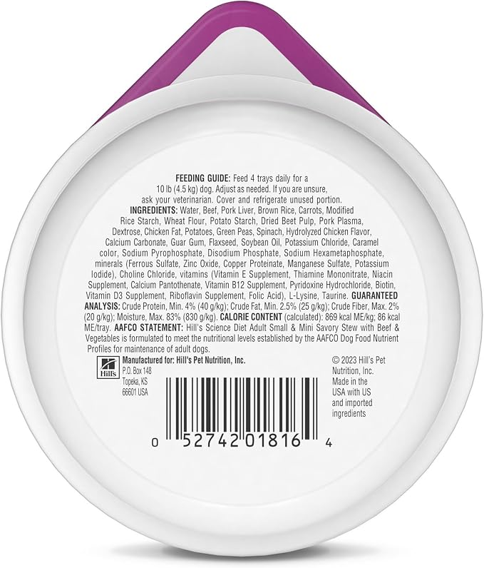Hill's Science Diet Adult 1-6 Small & Mini Wet Dog Food, Beef & Vegetables, 3.5 oz. Trays, 12-Pack