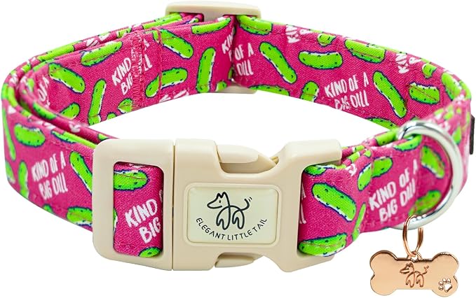 Elegant little tail Dog Collar, Dill Pickle Print Pink Puppy Male Adjustable Cotton Pet Collar with Quick Release Buckle for Small Medium Large Dogs