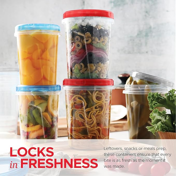 Tafura 15 Pack Leakproof Freezer Containers for Food with Twist Top Lids - 32 Oz BPA Free - Black/Blue/Red Lids