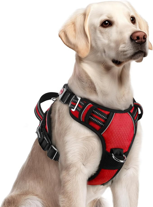 rabbitgoo Dog Harness for Large Dogs, 3 Buckles Easy On & Off No Pull Pet Vest, Soft Padded Walking Pet Harness with Control Handle, Adjustable and Reflective, Red, L