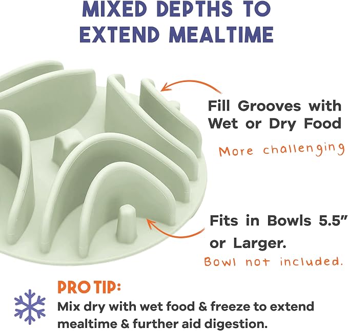 Awoo Great Vibes - Silicone Slow Feeder for Dog Bowls Over 5.5 Inches - Non-Slip, Wet and Dry Food-Compatible Pet Dish with Suction Cups - Extends Mealtime for Fast Eaters - Dishwasher Safe (Sage)