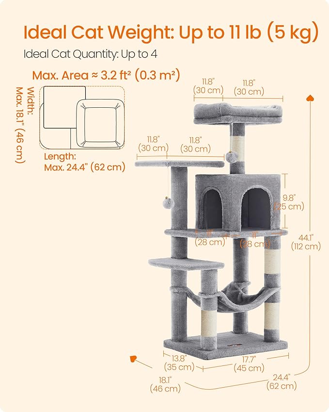 Feandrea Cat Tree, 44.1-Inch Cat Tower, Plush Multi-Level Condo with 4 Scratching Posts, 2 Perches, Hammock, Cave, Light Gray UPCT261W01