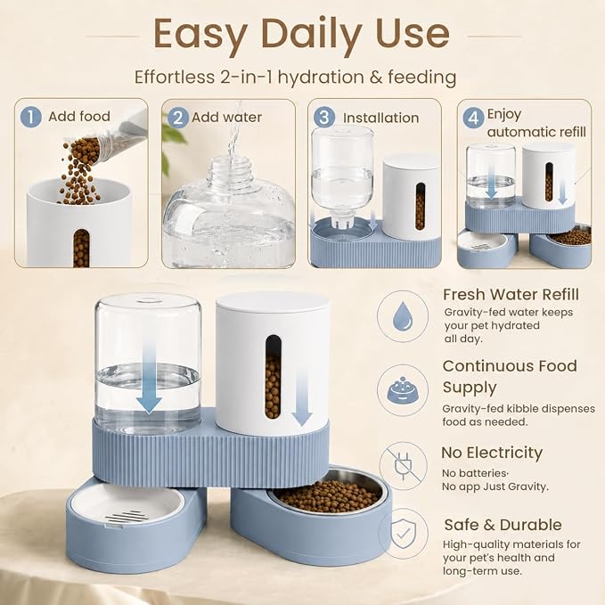 Gravity Cat Feeder 2 Pack Automatic Food Feeder Stainless Steel Water Dispenser Set 360 Degree Rotatable Pet Bowls with Silicone Mat for Cats Small Medium Dogs, Large Capacity(Blue)