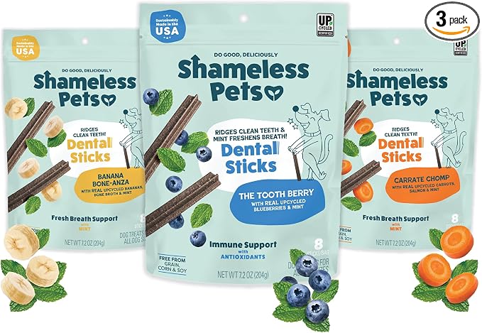 Shameless Pets Dental Chews for Dogs, Variety (3-Pack) - Natural Dog Teeth Cleaning Treats with Fresh Breath Benefits | Grain-Free Dental Sticks for Small, Medium & Large Dogs