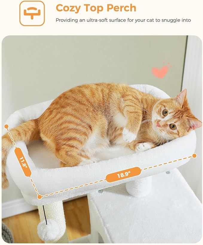 MUTTROS White Cat Tree for Indoor Cats, 45.7" Multi-Level Cat Tower with Large Metal Frame Hammock, Cat Condo with 4 Scratching Posts and Top Perch, White
