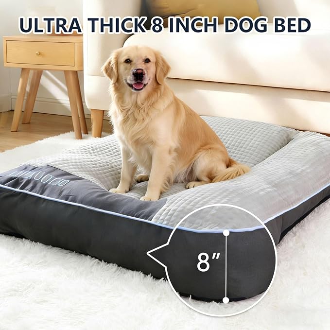 Orthopedic XL Dog Bed for Large Dogs Up to 110lbs, Soft Fluffy Thick Rectangular Sofa with Pillow, Non-Slip Bottom, Grey 47"x37"x8" - Joint Support for Senior & Arthritic Dogs