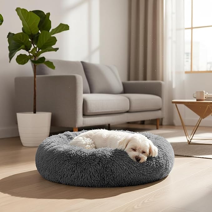 PetAmi Calming Dog Bed for Small & Medium Dogs, Cats & Puppy, Warming Round Donut Cuddler Bed, Anti-Anxiety Fluffy Shaggy Faux Fur Pet Bed, Machine Washable, Non-Slip Bottom, 23 Inch - Dark Gray