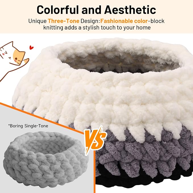 Handwoven Soft Cat Cave Bed, Indoor Cat Beds with Washable Round Nest, Kitten House & Cat Furniture, White & Gray
