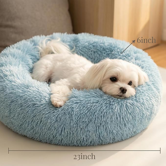 Calming Donut Dogs Beds for Small Dogs Washable,23inch Plush Round Pet Bed for Cozy Sleep,Fluffy Faux Fur Large Cat Bed,Fits up to 25 lbs Pets,Washed Blue