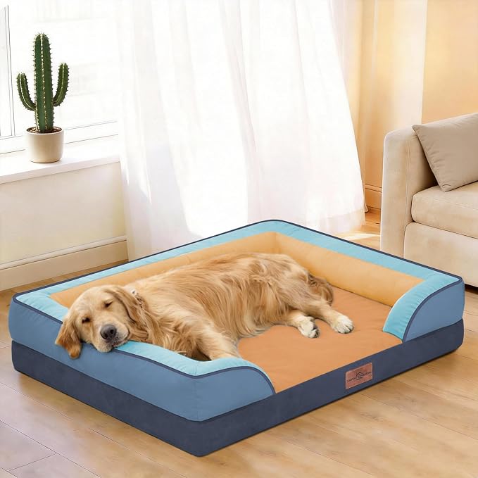 Comfort Expression Orthopedic Dog Bed for Large Dogs 36x27 Inch, Waterproof Egg Crate Foam Large Pet Bed with Bolsters, Dog Couch with Washable Cover & Non-Slip Bottom, Golden Harbor