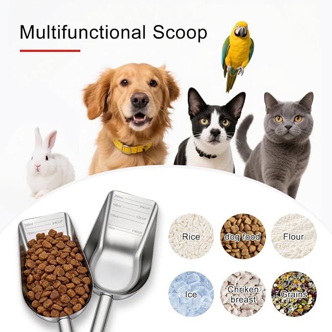 Pet Dog Food Scoop, 304 stainless steel material, 1 Cup Measuring Cup with Precision Scale Markings, Durable and Rust-Resistant