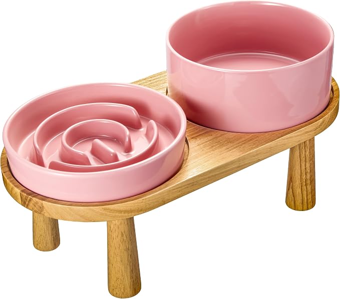 Ceramic Slow Feeder and Water Bowl Set for Medium and Large Dogs, 8.0 Inches Ceramic Dog Bowls Elevated with Wooden Stand, 2.0 Cups Dog Slow Feeder(30oz) and 70oz Water Bowl Set, Pink