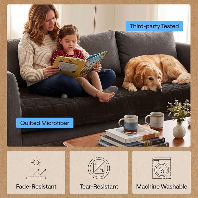 GORILLA GRIP Slip and Leak Resistant Plush Quilted Large Chair Cushion Cover Blanket, Soft Couch Covers for Sofa Dogs, Machine Washable Furniture Protector Pet Friendly Couches, Brown, 48x28 Inches