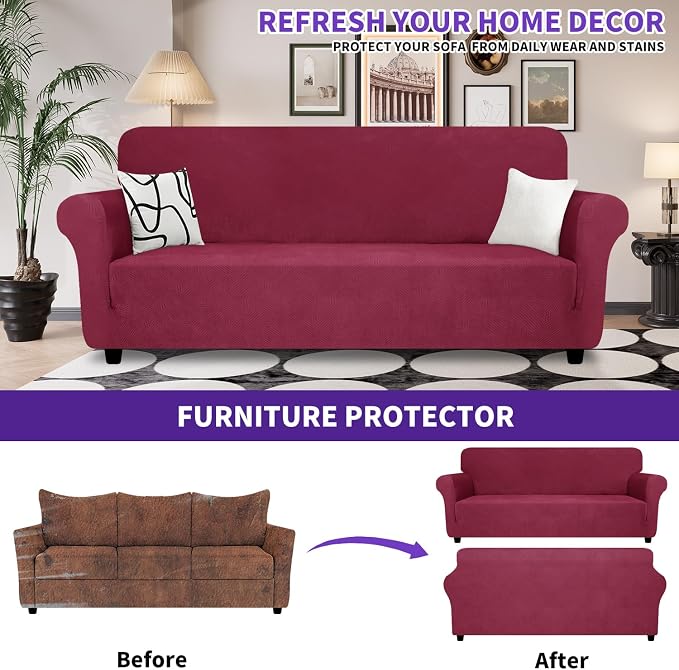ZNSAYOTX Super Stretch Couch Cover (72"-92"), New Striped Sofa Covers Fitted Slipcovers with Elastic Bottom, Dog Cat Pets Proof Spandex Fabric Comfortable & Durable (Wine Red, Sofa)