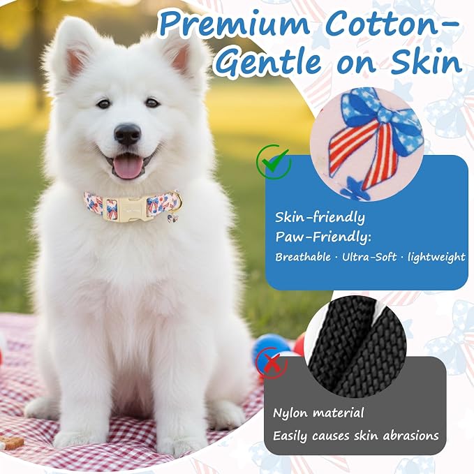 4th of July Independence Day Dog Collar, Cotton Adjustable Pet Collar for Small Medium Large Dogs, Patriotic Puppy Collar, Cute Summer Holiday Collars for Girl Boy Dogs-M