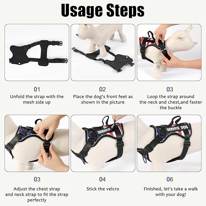 Service Dog Harness, Reflective Dog Vest Harness with 5 PCS Patches, Adjustable Soft Oxford Pet Harness, Inner Layer Mesh, Easy to Control for Small Medium Large Dogs