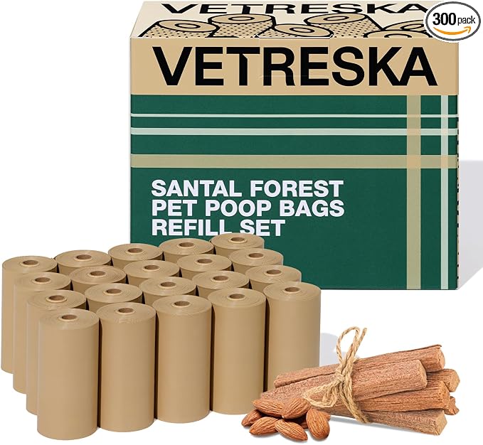 VETRESKA Dog Poop Bags, Leak Proof, Extra Thick and Large Pet Waste Bags for Dog Walking and Cat Litter, Sandalwood & Almond Scented, 300 Bags