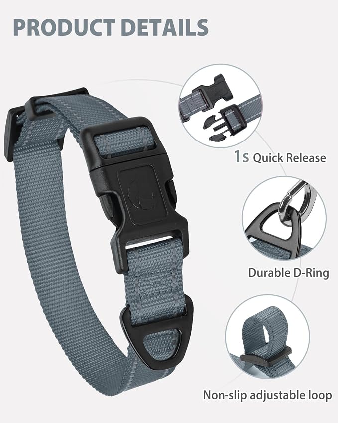 Joytale Extra Large Dog Collar, Wide Double-Sided Reflective Nylon Collar for Night Safety, Adjustable Quick-Release for Gentle Giants, Gray, XL (1 1/4" Width)