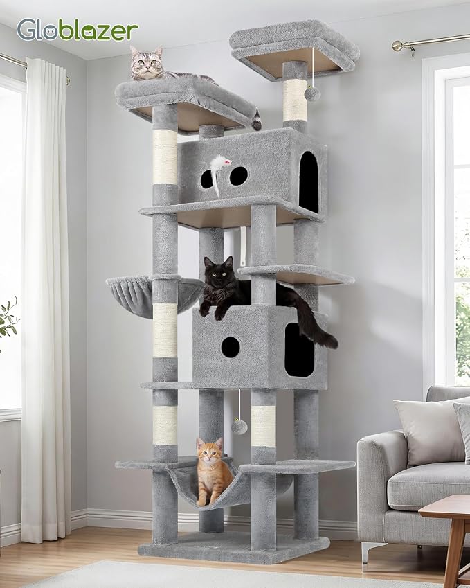 Globlazer Heavy Duty Cat Tree Tower 80in Tall Extra Large Cat Tree Tower for Multiple Indoor Cats Large Adult with Scratching Posts, 2 Spacious Condos, Padded Perches, Soft Hammock, S80B, Light Grey